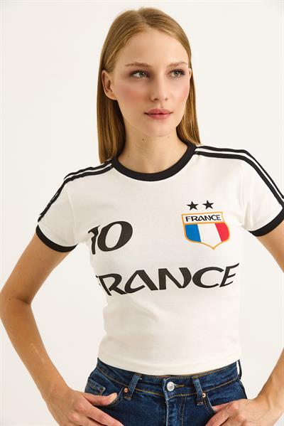 Bisiklet Yaka Baskılı Crop Tshirt Beyaz