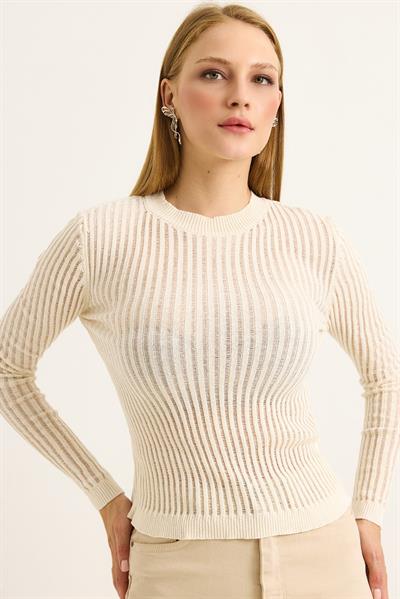 Bisiklet Yaka Triko Örme Bluz Ekru