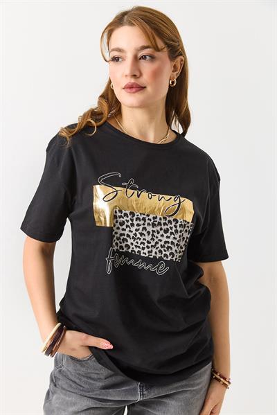 Kadın Bisiklet Yaka Baskılı Kısa Kol Tshirt Siyah