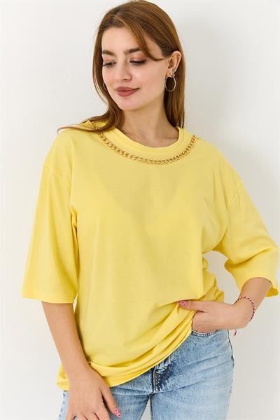 Kadın Yakası Gold Zincirli Bisiklet Yaka Tshirt Sarı
