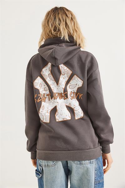 Üç İplik Baskılı Kapüşonlu Sweatshirt Füme