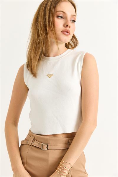Bisiklet Yaka Sıfır Kol Crop Bluz Beyaz