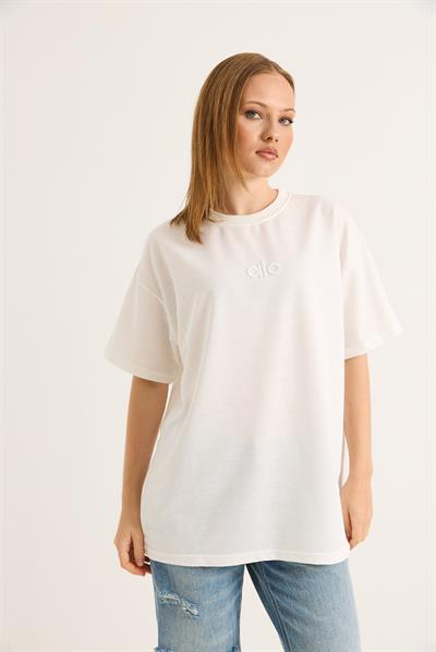 Alo Nakışlı Oversize Unisex Tshirt Beyaz