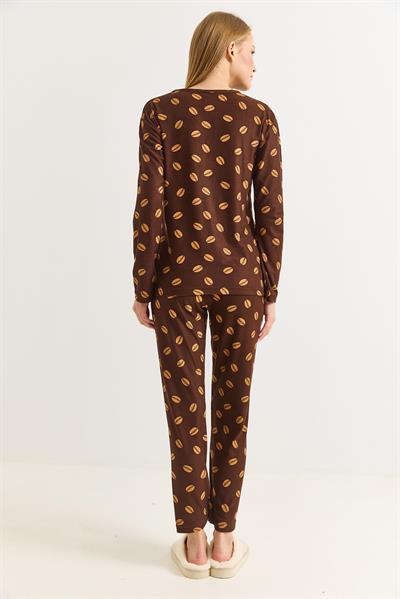 Kadın Kahverengi Biskilet Yaka Baskılı Pijama Takımı