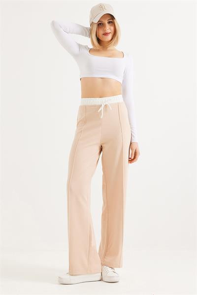 Beli Kalın Lasitkli Bol Paça Pantolon Vizon