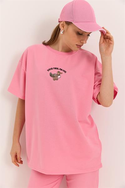 Duck Nakışlı Oversize İki İplik Tshirt Pembe