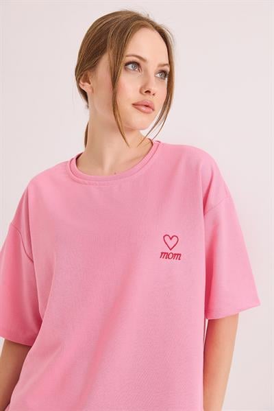 Mom Nakışlı Oversize İki İplik Tshirt Pembe