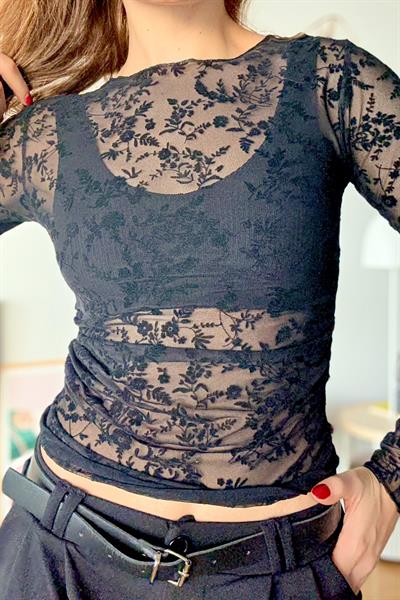 Kadın Transparan Bisiklet Yaka Güpürlü Uzun Kollu Bluz