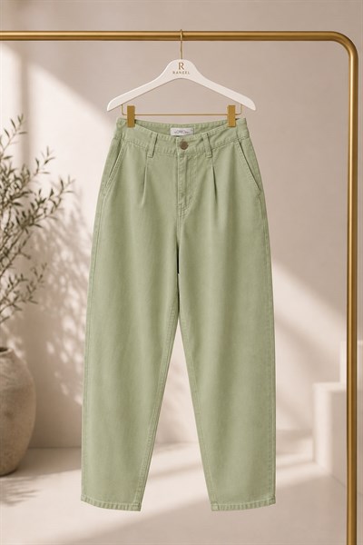 Kadın Yüksel Bel Mom Model Pantolon Yeşil