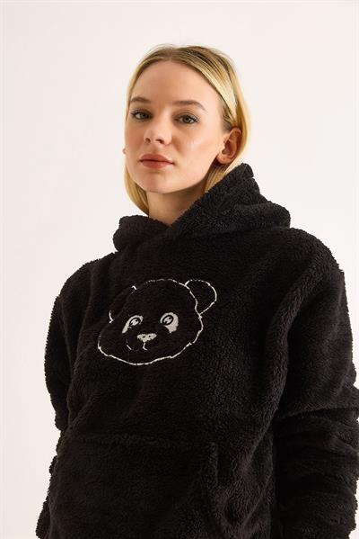 Kapüşonlu Nakış İşlemeli Peluş Sweatshirt  Siyah