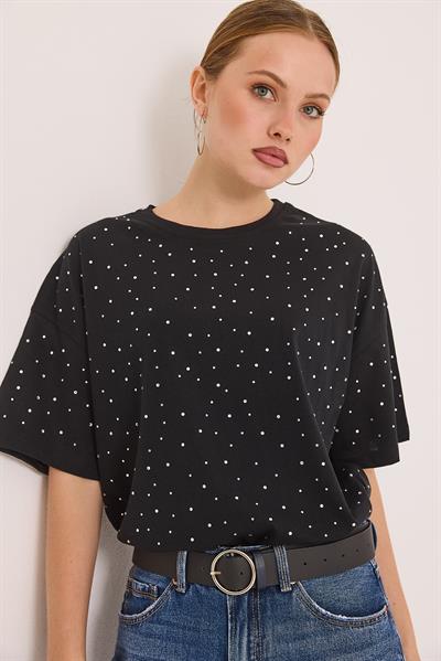 Taş Detaylı Rahat Kalıp Premium Pamuk Tshirt	Siyah