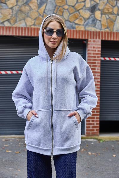 Kadın Taş Detaylı Üç İplik Oversize Kanguru Cep Sweat Hırka Gri