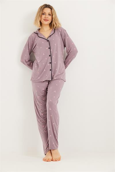 Düğmeli Uzun Kollu Pijama Takımı Lila