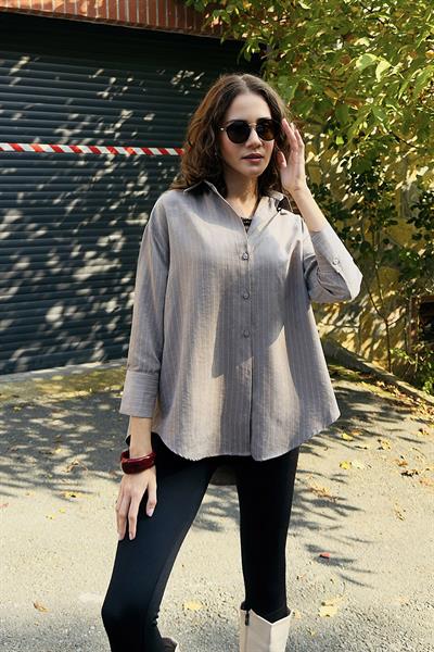 Kadın Çizgili Oversize Saten Süet Yumuşak Dokulu Gömlek Vizon