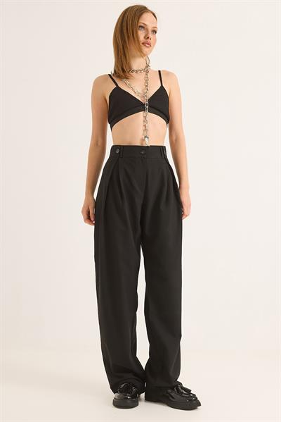 Bol Kesim Dökümlü Palazzo Pantolon Siyah