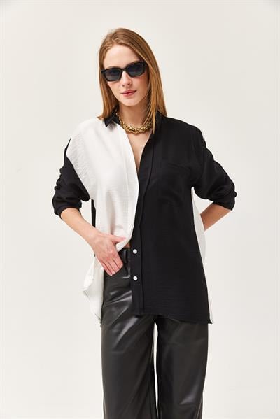 Renk Bloklu Oversize Lilyum Gömlek Siyah