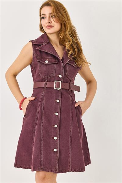 Kemerli Önden Düğmeli Kolsuz Denim Elbise Mürdüm