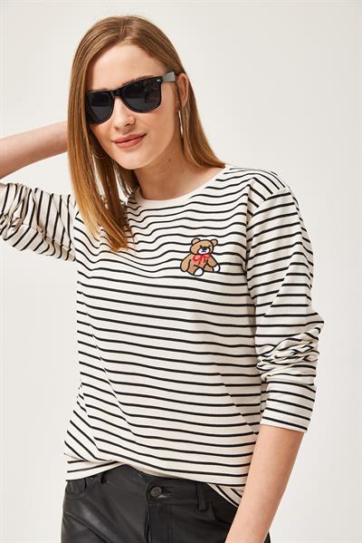 Bisiklet Yaka Çizgili Uzun Kollu Sweatshirt Siyah