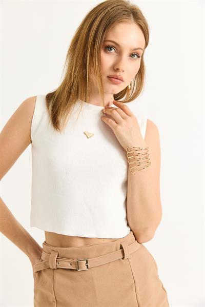 Bisiklet Yaka Sıfır Kol Crop Bluz Beyaz