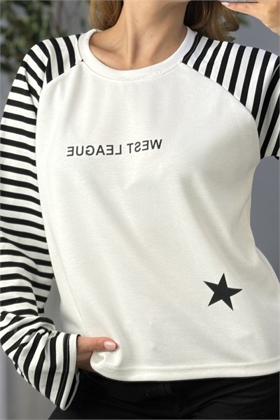 Kadın Kolları Çizgili Yıldız Baskılı Bisiklet Yaka Tshirt Siyah