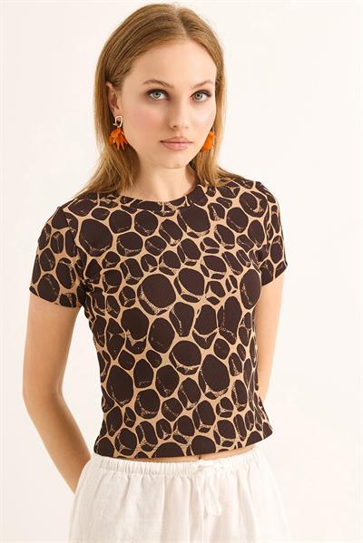 Geometrik Desen Kısa Kollu Bluz Toprak