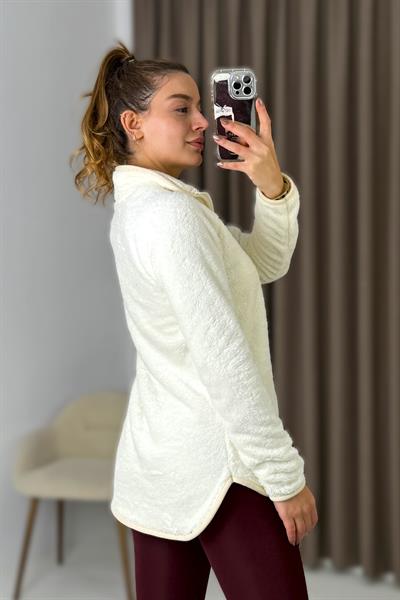 Kadın Yarım Fermuarlı  Welsoft Peluş Ekru Sweatshirt 