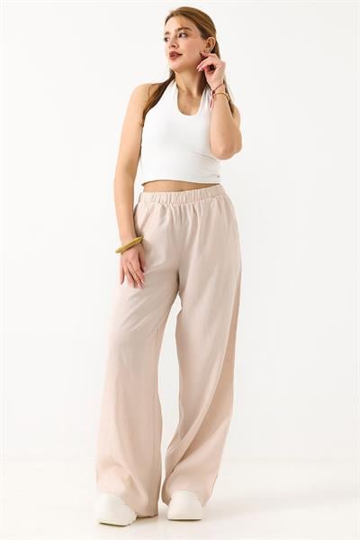 Kadın Taş Detaylı Bol Kesim Keten Görünümlü Pantolon Krem