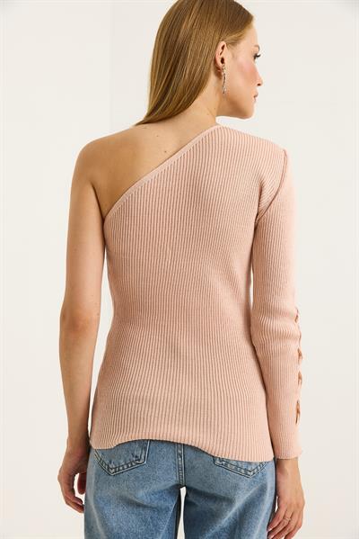 Tek Omuz Kolu Detaylı Fitilli Bluz Pudra