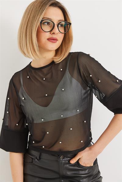 Yarım Kol Transparan Bluz Siyah