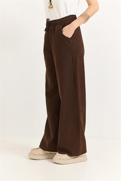 Kadın Pantalon Geniş Paça Bağcıklı  Pantalon Kahverengi