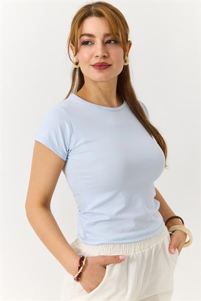 Kadın Basic Bisiklet Yaka Düz Tshirt Mavi