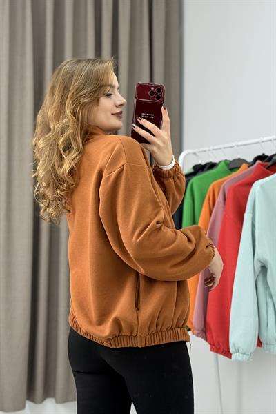 Üç İplik Şardonlu Kahverengi Beli Lastikli Fermuarlı Hırka