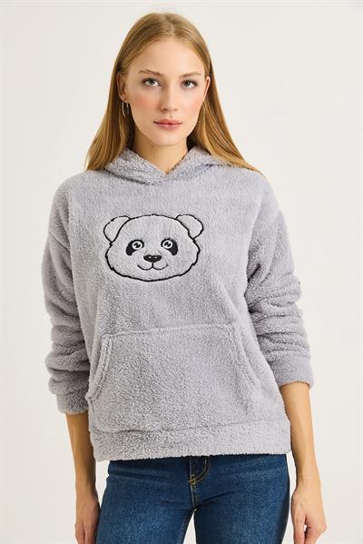 Kadın Kapüşonlu Nakış İşlemeli Peluş Sweatshirt  Gri