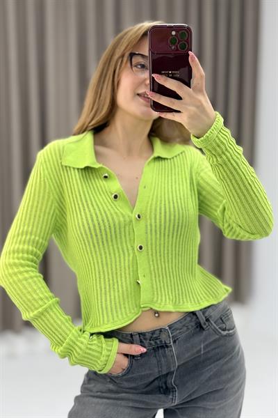 Polo Yaka Yazlık Triko Hırka Yeşil