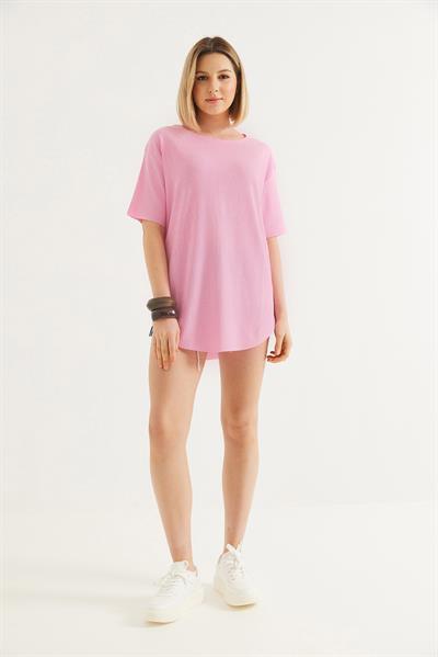 Bisiklet Yaka  Kısa Kol Basic Tshirt Pembe
