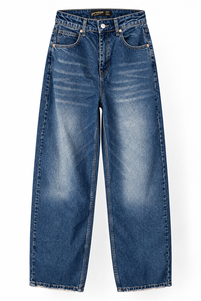 Yüksek Bel Kadın Eskitme Yıkamalı Wide Leg Jean Mavi