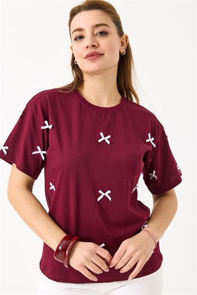 Fiyonk Detaylı Fit Pamuk Tshirt Bordo