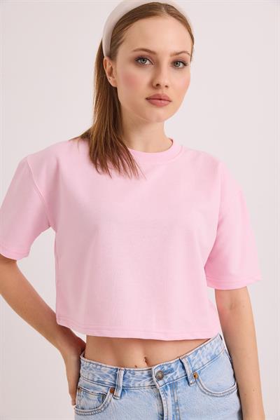 Bisiklet Yaka İki İplik Crop Bluz Açık Pembe