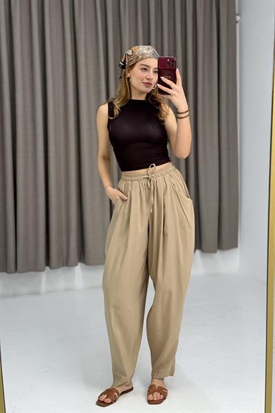 Kadın Şalvar Tipi Salaş Bel Bağcıklı Pantolon Vizon