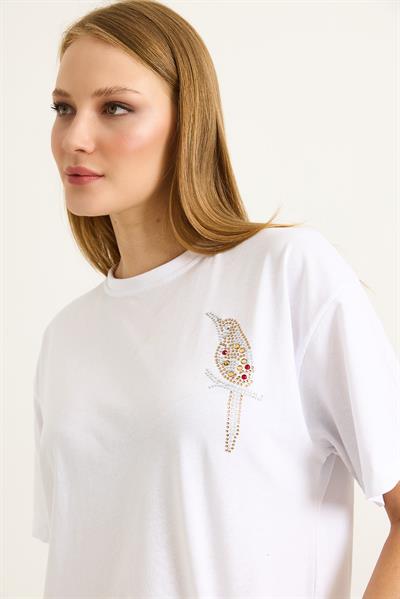Taş Baskılı Kuş Motifli Bisiklet Yaka Tshirt Beyaz