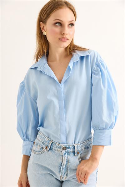 Balon Kol Bol Kesin Kadın Gömlek Mavi