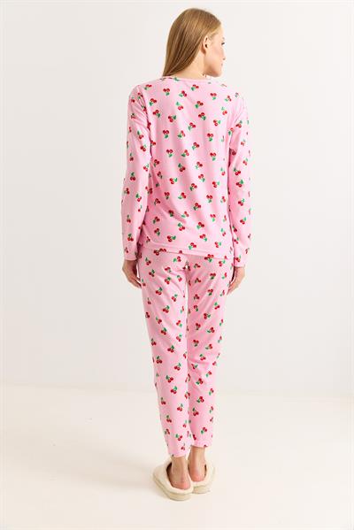 Kadın Bisiklet Yaka Kiraz Baskılı Pembe Pamuklu Pijama Takımı