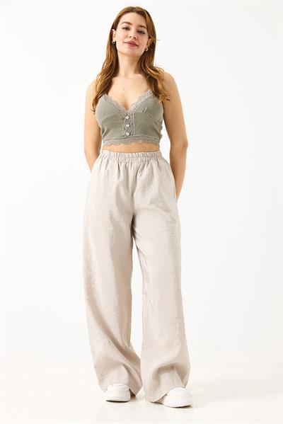 Kadın Bol Kesim Tensel Kumaş Beli Lastikli Ekru