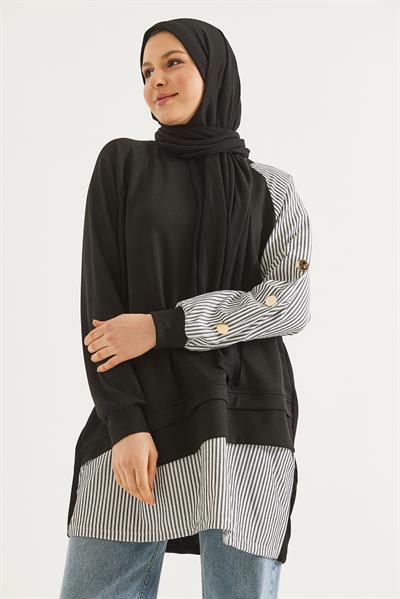 Kolu Ve Eteği Gömlek Garnili Tunik Siyah