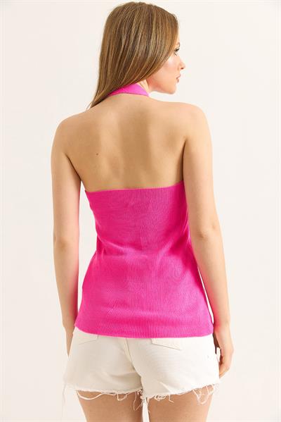 Tek Omuz Boyun Detaylı Triko Bluz Fuşya