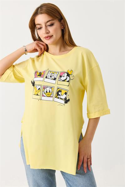 Kadın Yanı Yırtmaçlı Oversize Basic Tshirt Sarı