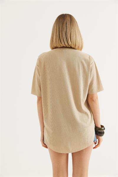 Bisiklet Yaka  Kısa Kol Basic Tshirt Krem