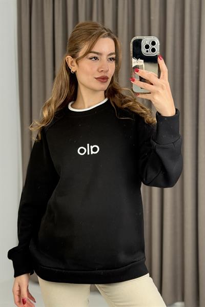 Kadın Yakası Garnili Bol Kesim Sweatshirt Siyah