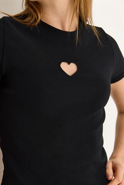 Kalp Detaylı Fitilli Örme Bluz Siyah