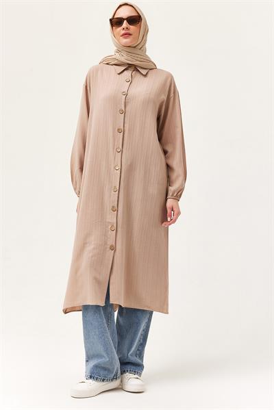 Keten Düğmeli Uzun Tesettür Tunik Bej
